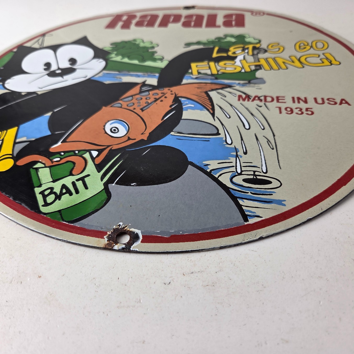 Vintage Rapala Fishing Lures Sign – Felix the Cat Porcelain Gas Pump Plate Sign