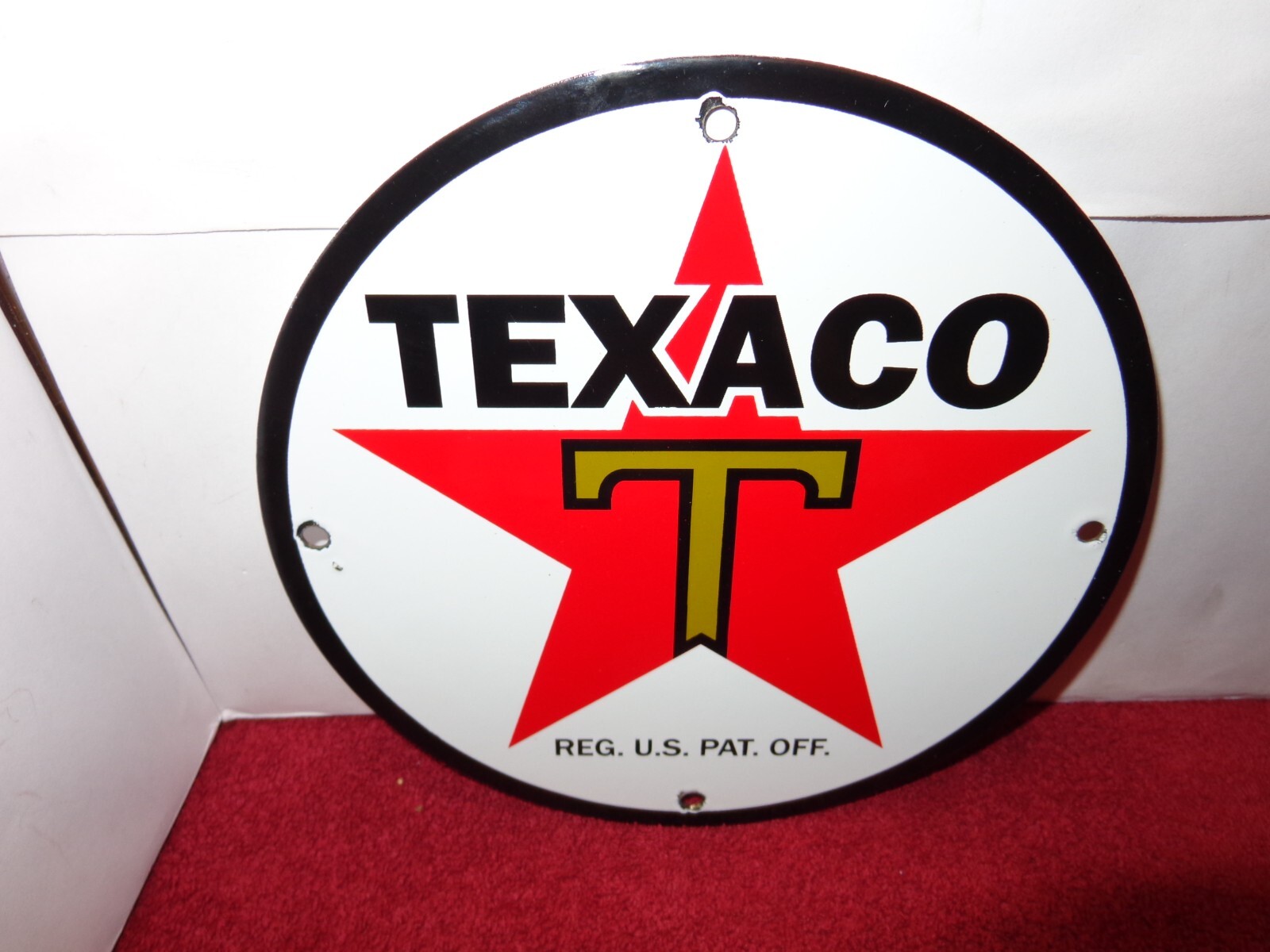 8 3/4 in TEXACO GASOLINE ADVERTISING SIGN HEAVY DIE CUT METAL PORCELAIN – S 280B