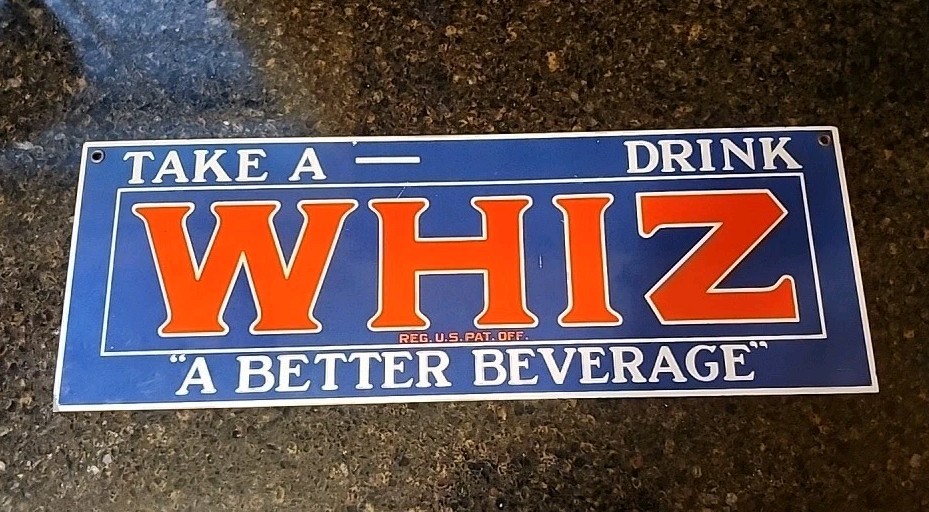 Vtg Drink WHIZ COLA Porcelain Sign Gas Station Soda Pop Rooney Sprite Pepsi Dew
