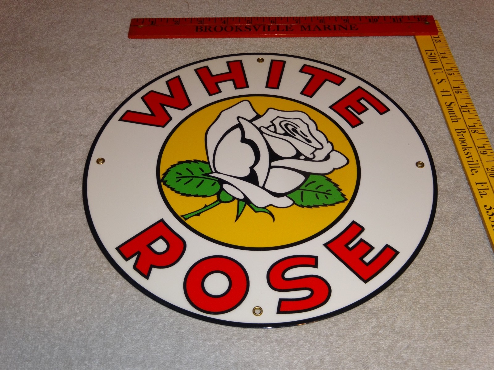 VINTAGE ENARCO WHITE ROSE GASOLINE 11 3/4″ PORCELAIN METAL CANADA GAS & OIL SIGN