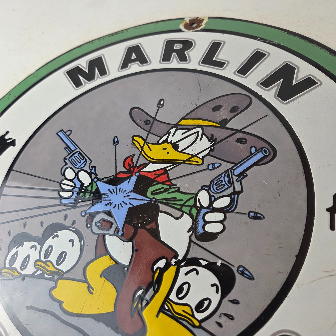 Vintage Marlin Firearms Sign – Donald Duck Comics Gas Pump Porcelain Sign