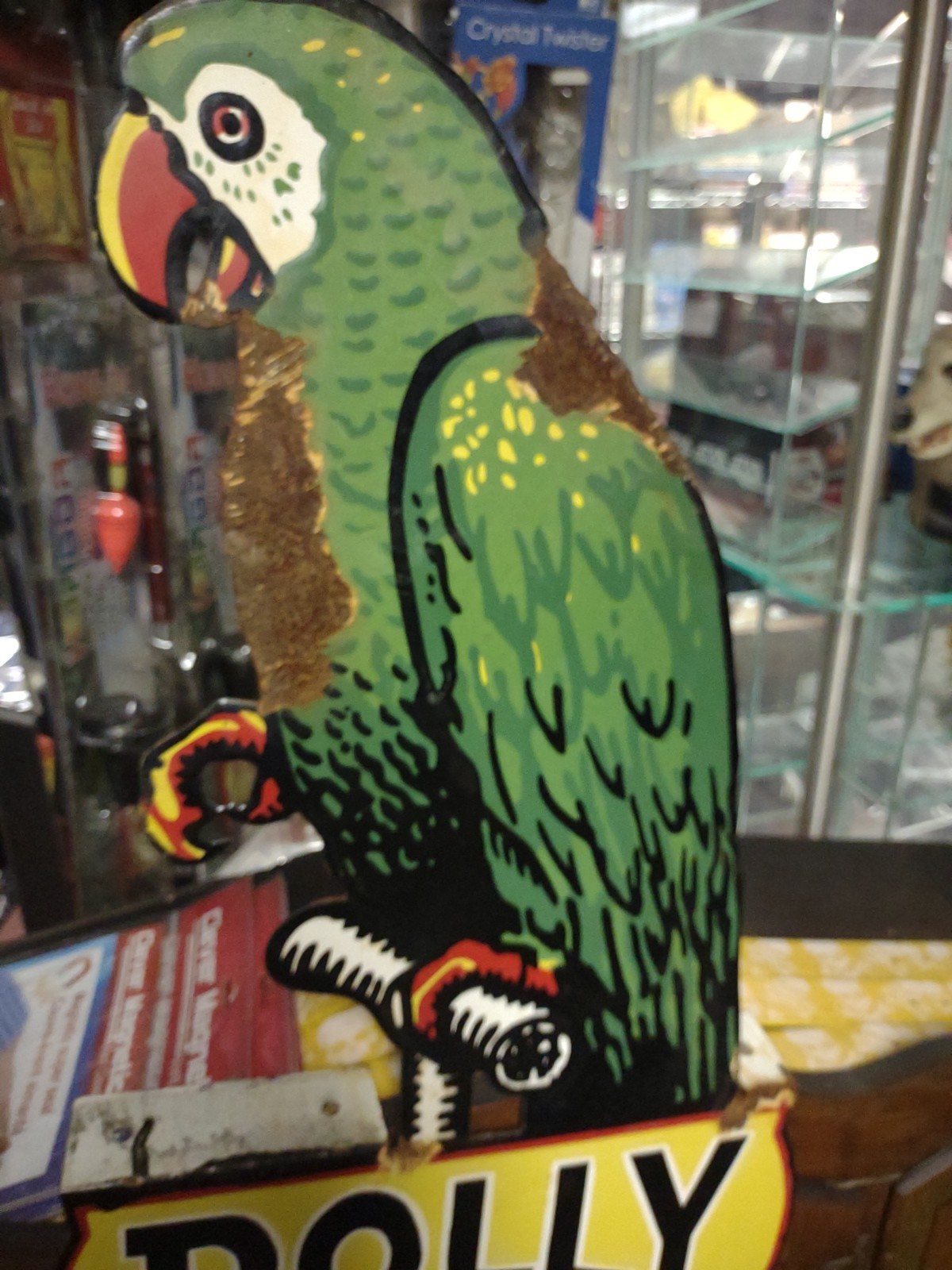 VINTAGE LARGE POLLY PORCELAIN FLANGE SIGN MOTOR OIL GASOLINE PARROT GAS 3FT