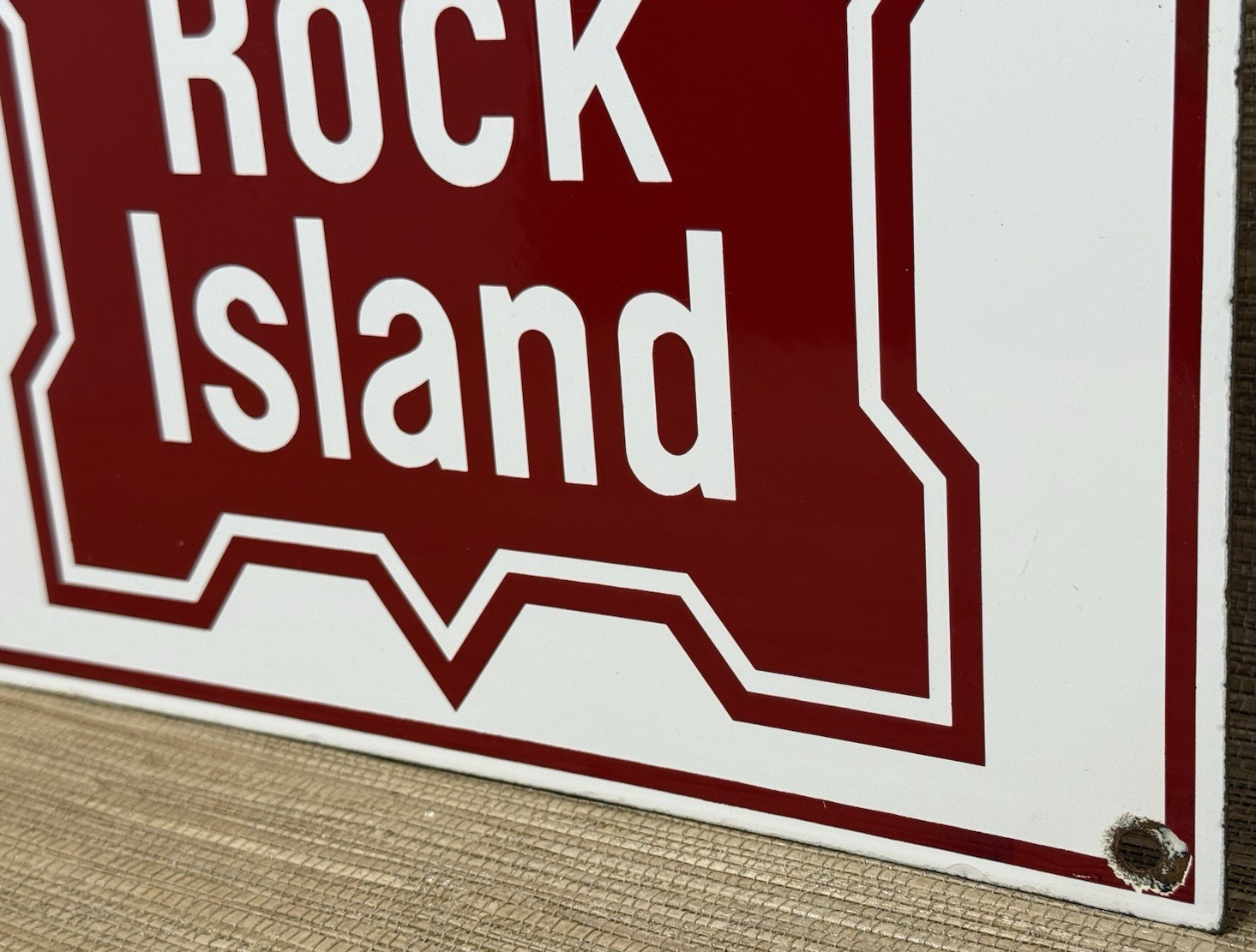 VINTAGE ROCK ISLAND RAILWAY PORCELAIN SIGN GAS OIL TRAIN STATION PUMP PLATE
