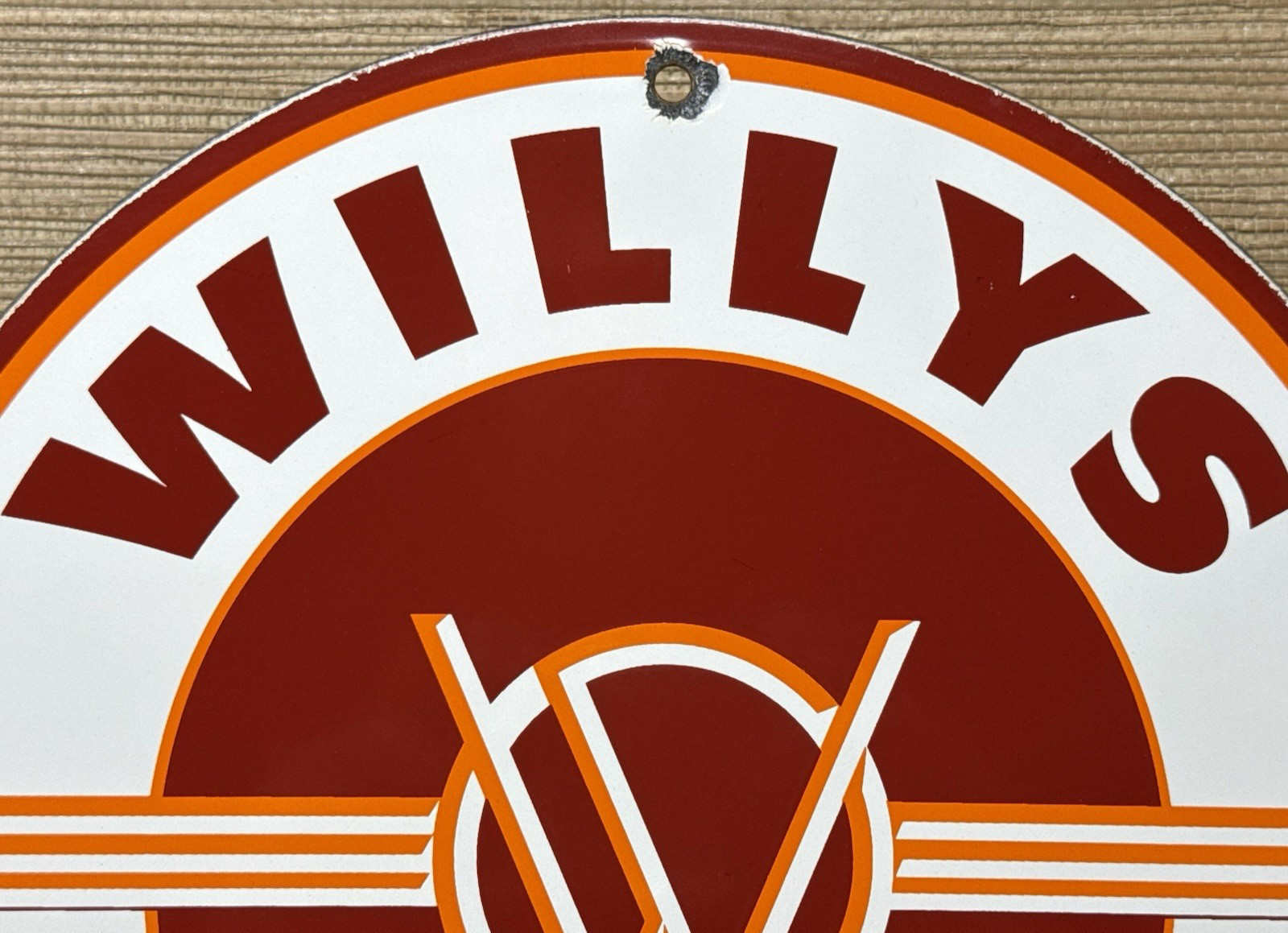 VINTAGE WILLYS PORCELAIN SIGN SALES SERVICE GAS OIL PUMP PLATE DEALERSHIP KNIGHT