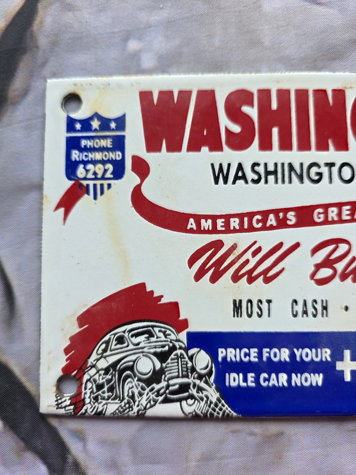 VINTAGE WASHINGTON MOTORS USED CARS PORCELAIN SIGN MOTOR OIL AUTO SALES 10″X4.5.