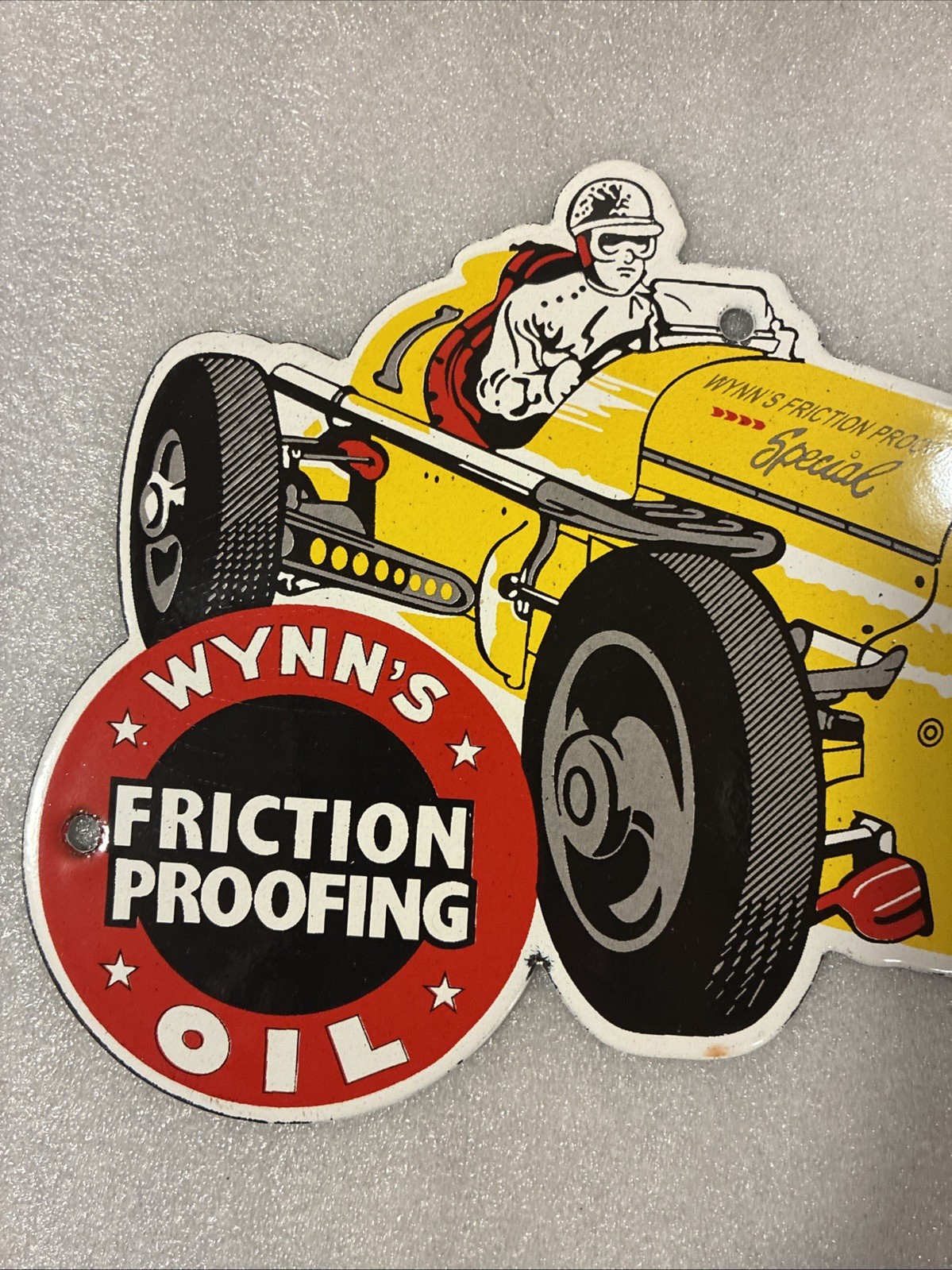 Vintage Wynn’s Oil Porcelain Sign Racing Oil Friction Proofing Race Car Gas