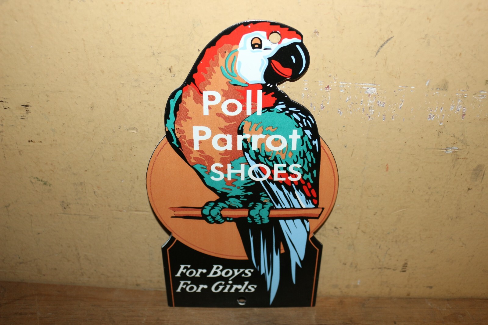 Vtg Poll Parrot Shoes For Boys And Girls Porcelain Metal Sign
