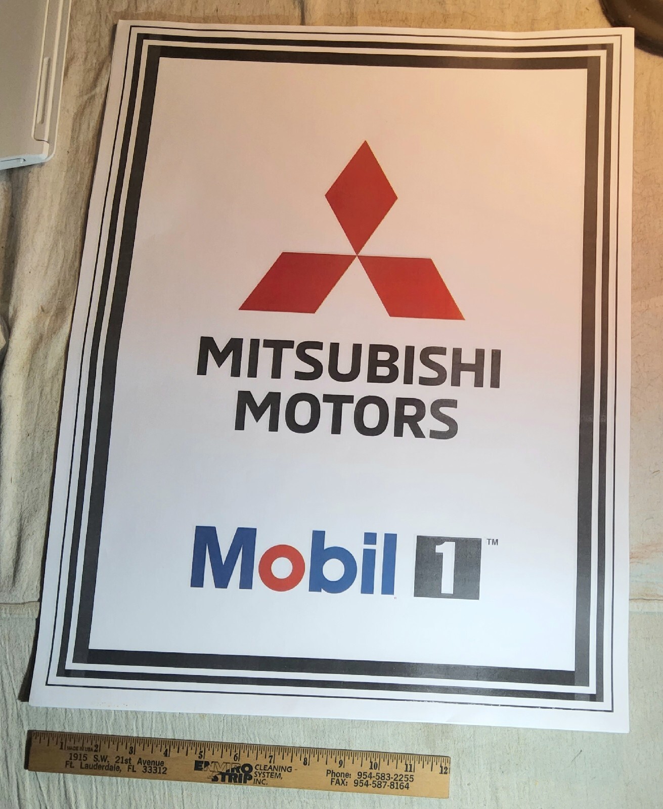 NEW S/S MITSUBISHI MOTORS MOBIL 1 OIL ADVERTISING THIN PAPER SIGN 22″ T BY 17″ W