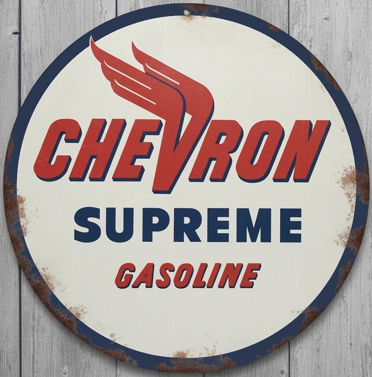 Chevron Supreme Gasoline 12″ Diameter Vintage Novelty Metal Sign Made In USA