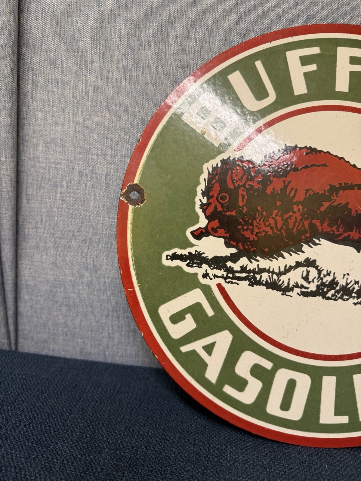 Vintage Buffalo Gasoline Sign – Gas Motor Oil Pump Plate Porcelain Sign