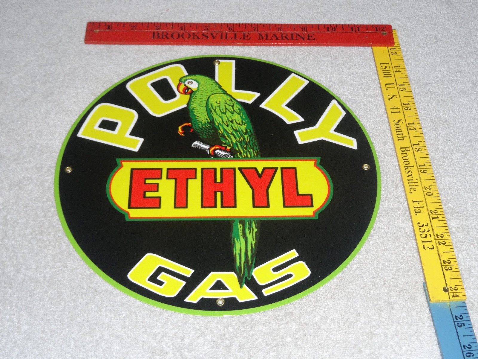 VINTAGE POLLY ETHYL GAS 🦜 PARROT BIRD OIL 11 3/4″ PORCELAIN METAL GASOLINE SIGN