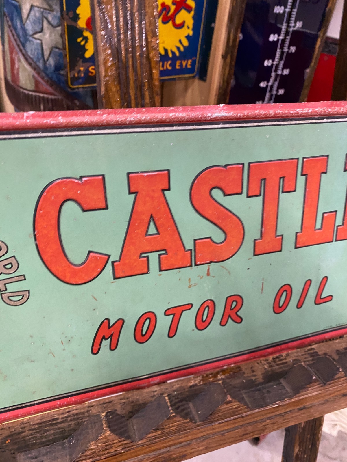 RARE Vintage CASTLE Motor Oil Aluminum Metal Sign GAS OIL 19 1/2′ x 9 1/2″