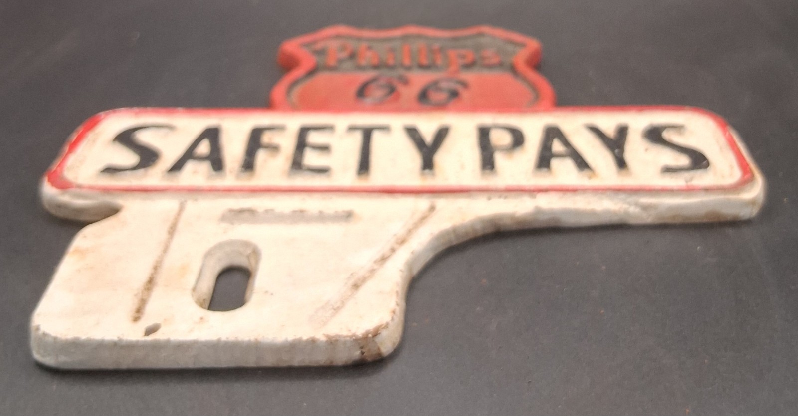 Cast Iron Phillips 66 Safety Pays Sign Tag Topper 6″ Tall