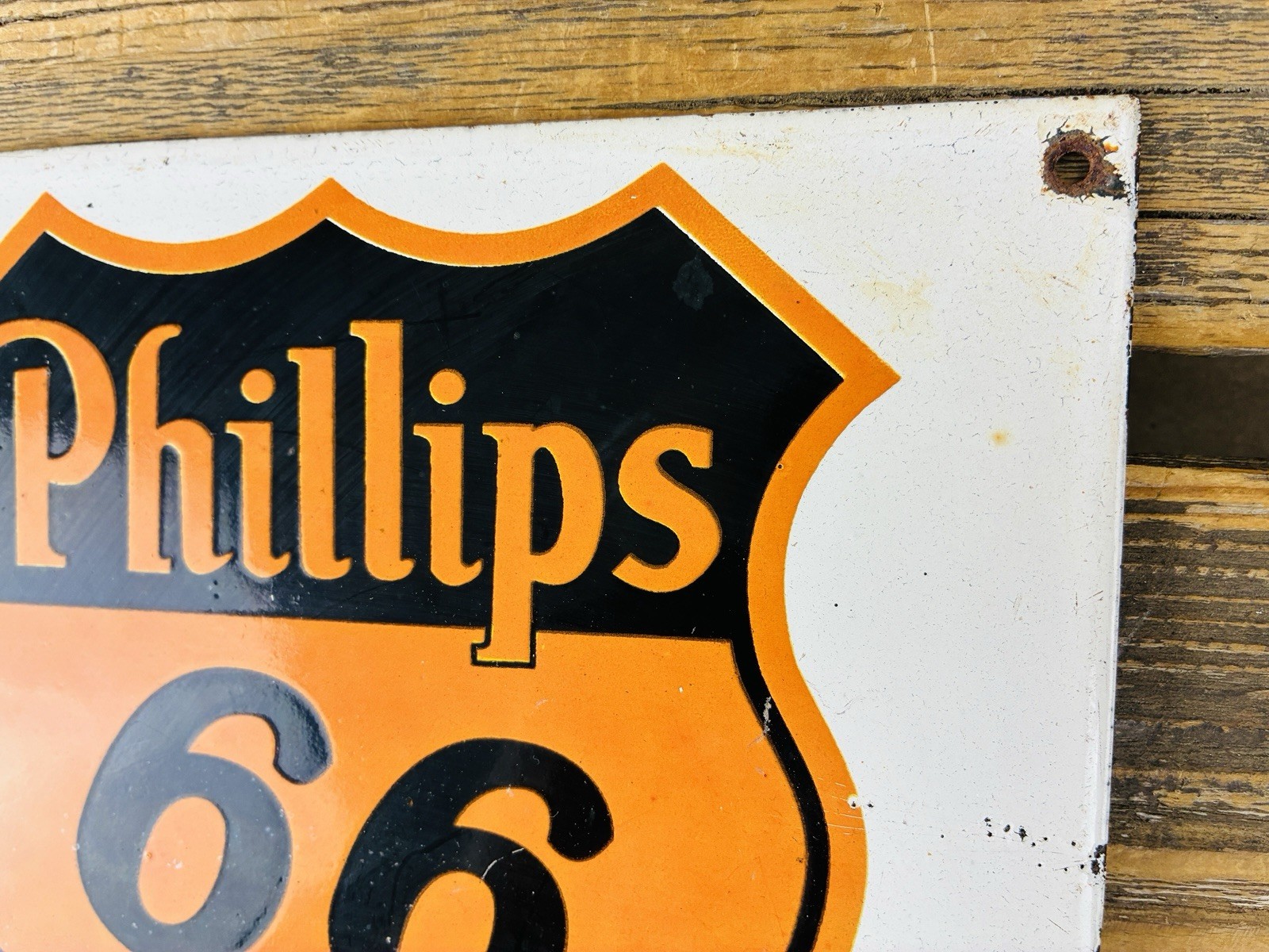 VINTAGE 10×8″ PHILLIPS 66 MOTOR OILS GASOLINE PUMP STATION PORCELAIN GAS AD SIGN