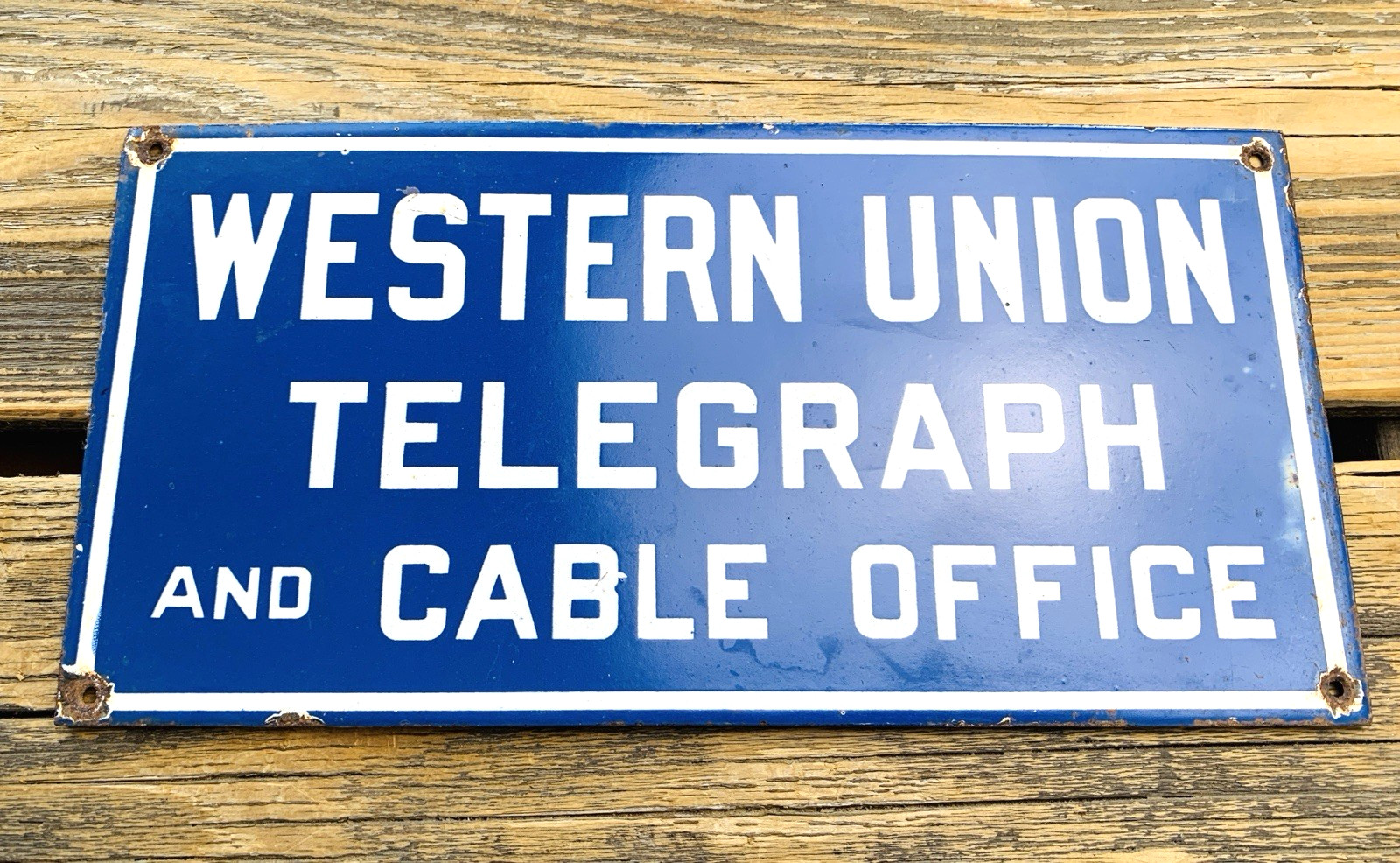 VINTAGE 12×6″ WESTERN UNION TELEGRAPH PUMP STATION PORCELAIN GASOLINE OIL SIGN