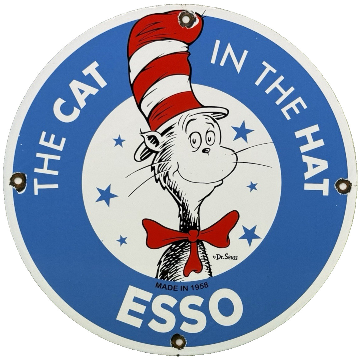 VINTAGE ESSO GASOLINE PORCELAIN SIGN GAS OIL PUMP PLATE CAT IN THE HAT DR SEUSS