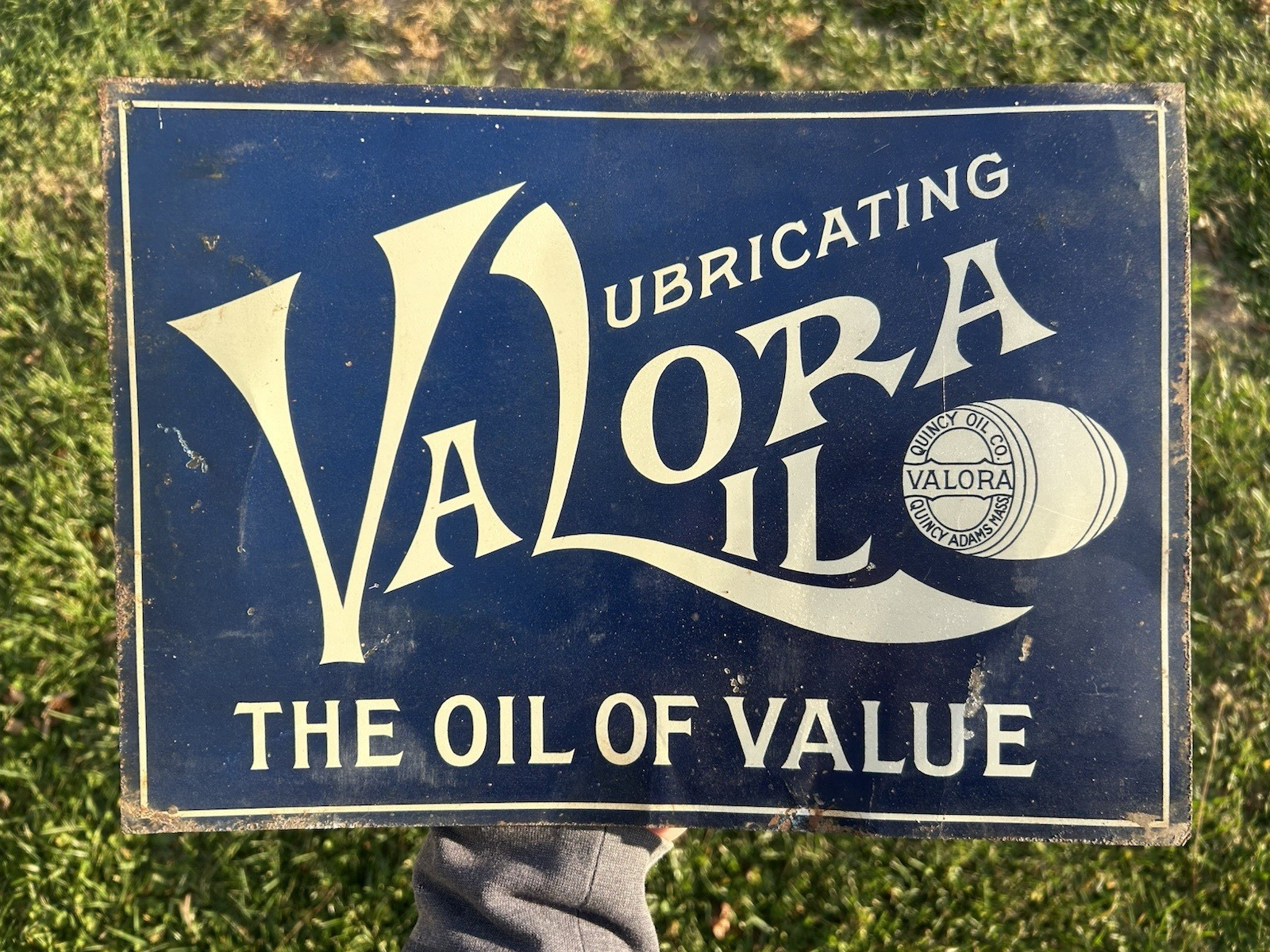Original Valora Oil Painted Tin Sign Quincy Mass Oil Co.