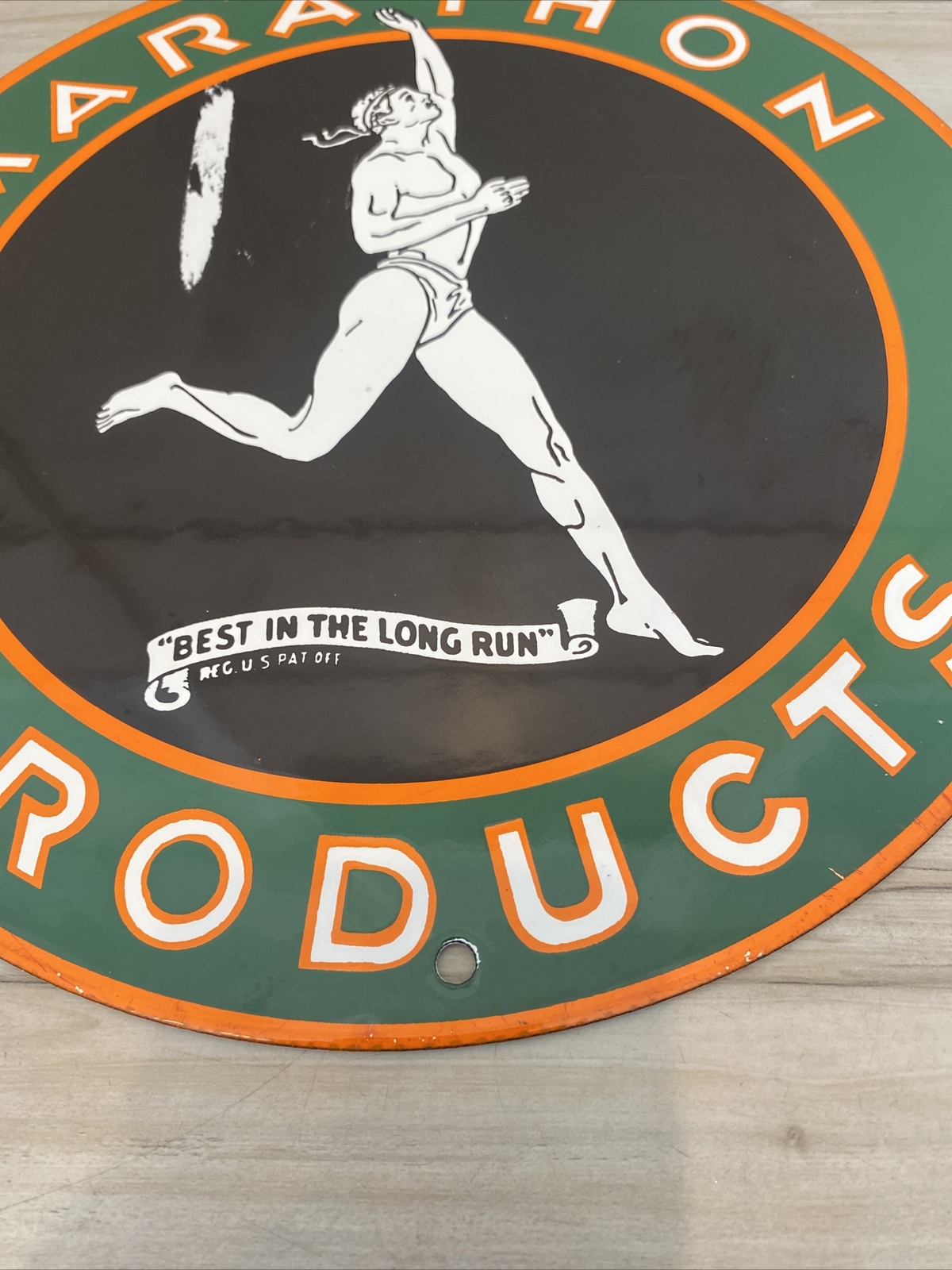 Marathon Products Gas & Oil Vintage Porcelain Metal Sign 11 3/4″