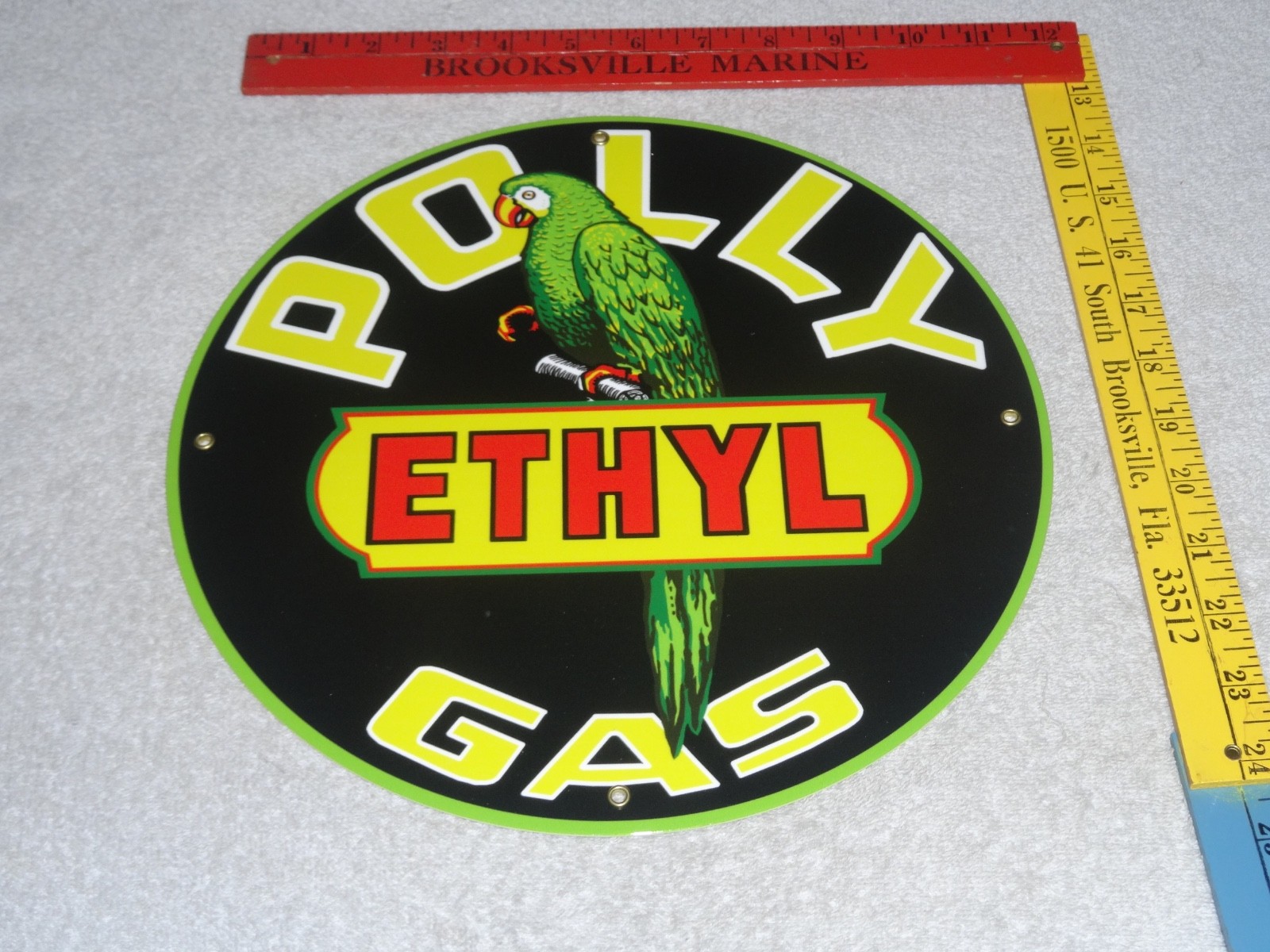 VINTAGE POLLY ETHYL GAS 🦜 PARROT BIRD OIL 11 3/4″ PORCELAIN METAL GASOLINE SIGN