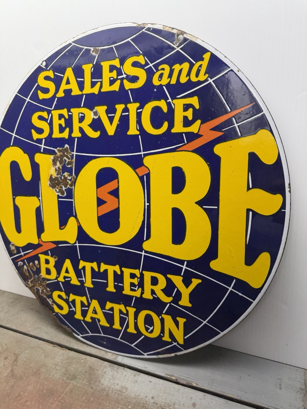 Vintage GLOBE BATTERY SALES SERVICE Porcelain Sign Original Rare 2 Sided 20”