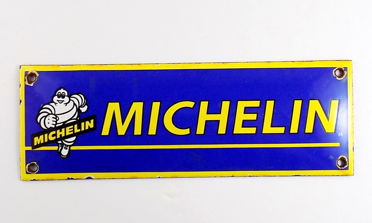 VINTAGE MICHELIN PORCELAIN METAL SIGN 7-3/4“ x 2-3/4″ TIRES OIL GAS TYRES RACING