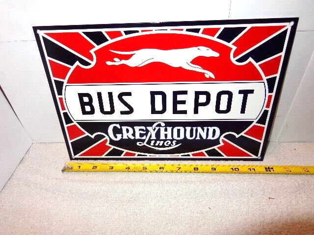 12×8 in GREYHOUND LINES BUS DEPOT ADVERTISING SIGN HEAVY DIE CUT METAL – S 216 H