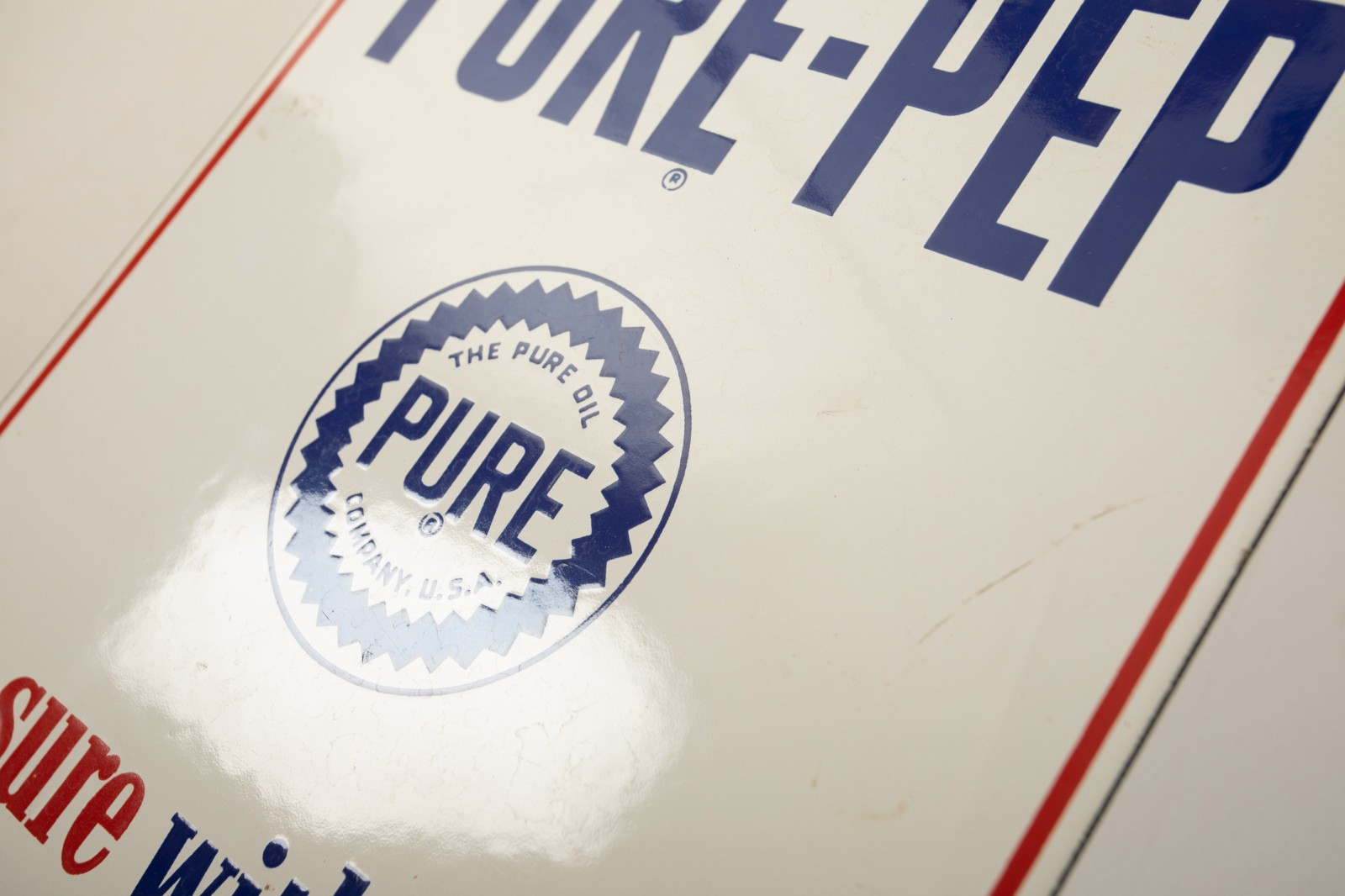 Pure Pep Gasoline Pump Plate Sign (P5L/JSF6) BE Sure WIth Pure Porcelain Enamel