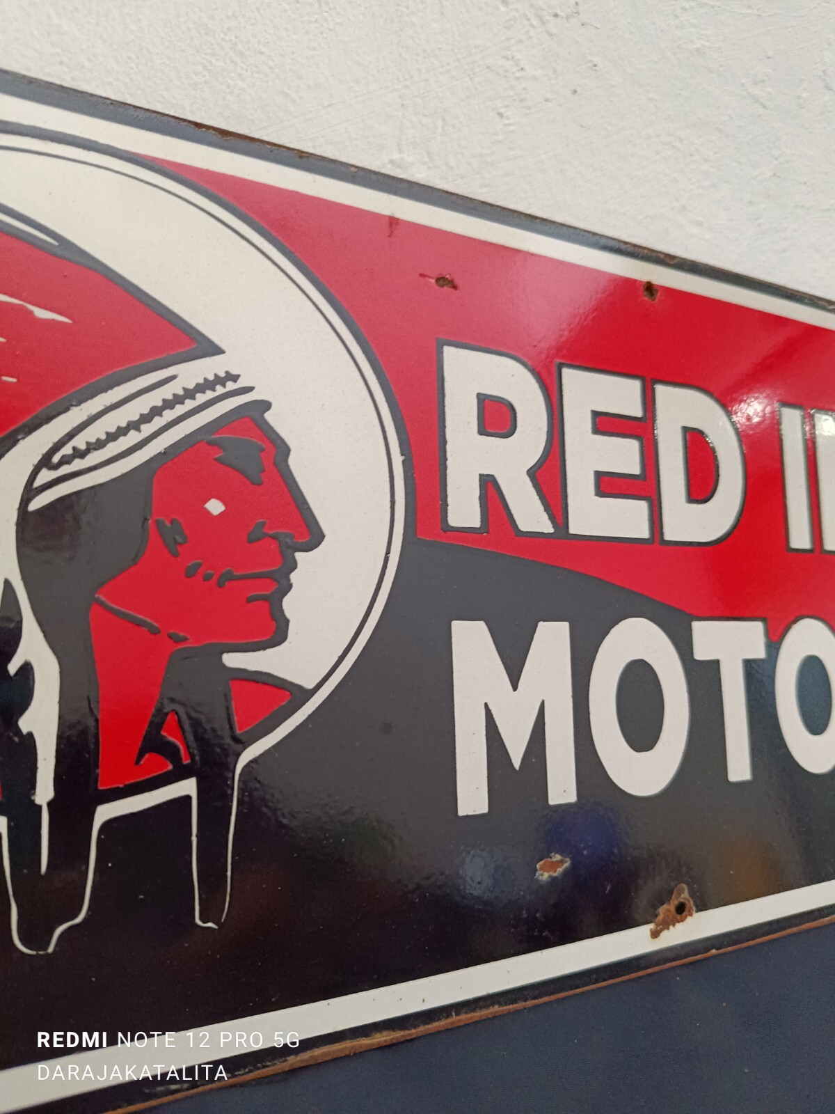 Not Porcelain Red Indian Motor oil Enamel Sign Size 60cm x 21cm Vintage Design
