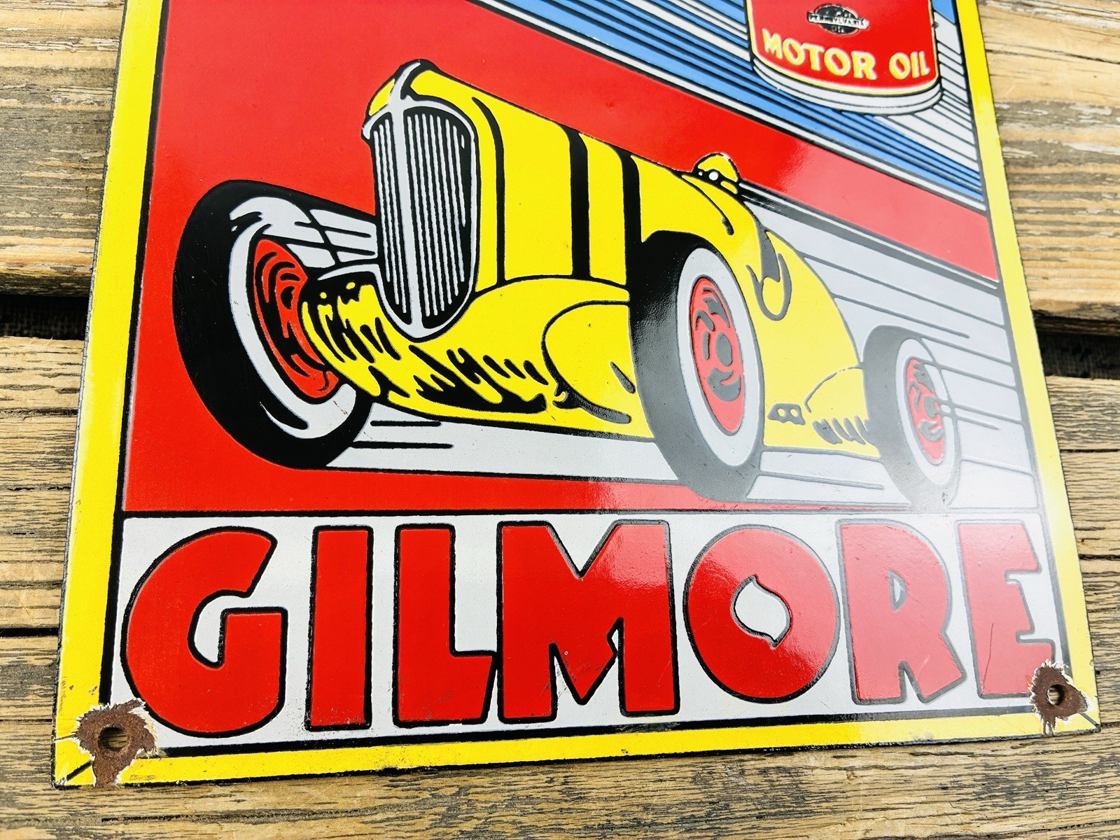 VINTAGE GILMORE MOTOR OIL 12×9″ LION HEAD GAS STATION PORCELAIN OIL RACING SIGN
