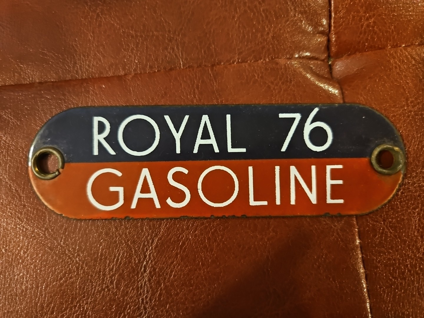 Vintage Royal 76 Gasoline Porcelain Gas Fuel Oil Tag Sign Badge Blue Red & White