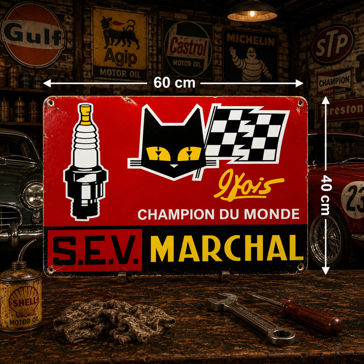 Vintage Rusty S.E.V. Marchal Champion du MondeMetal Sign–60×40 cm (23.6” × 15.7)