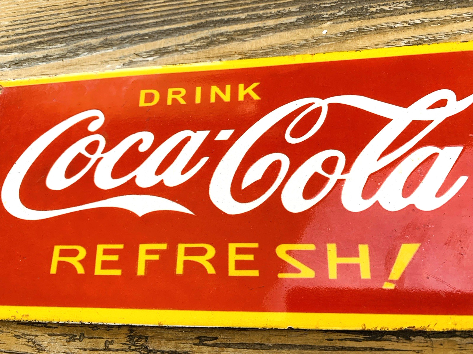 VINTAGE 12×5.5″ Drink COCA COLA REFRESH! COKE SODA POP PORCELAIN OIL GAS SIGN