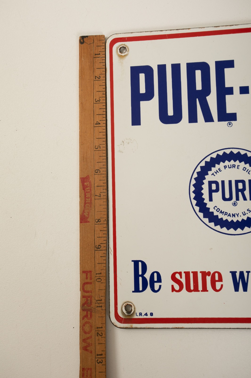 Pure Pep Gasoline Pump Plate Sign (P5L/JSF6) BE Sure WIth Pure Porcelain Enamel