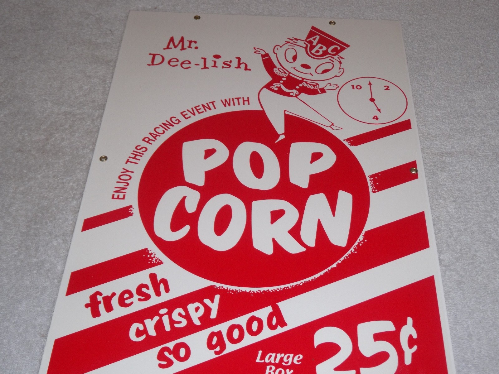 VINTAGE POPCORN 25 CENTS & MR. DEE-LISH 18″ PORCELAIN METAL GASOLINE & OIL SIGN!