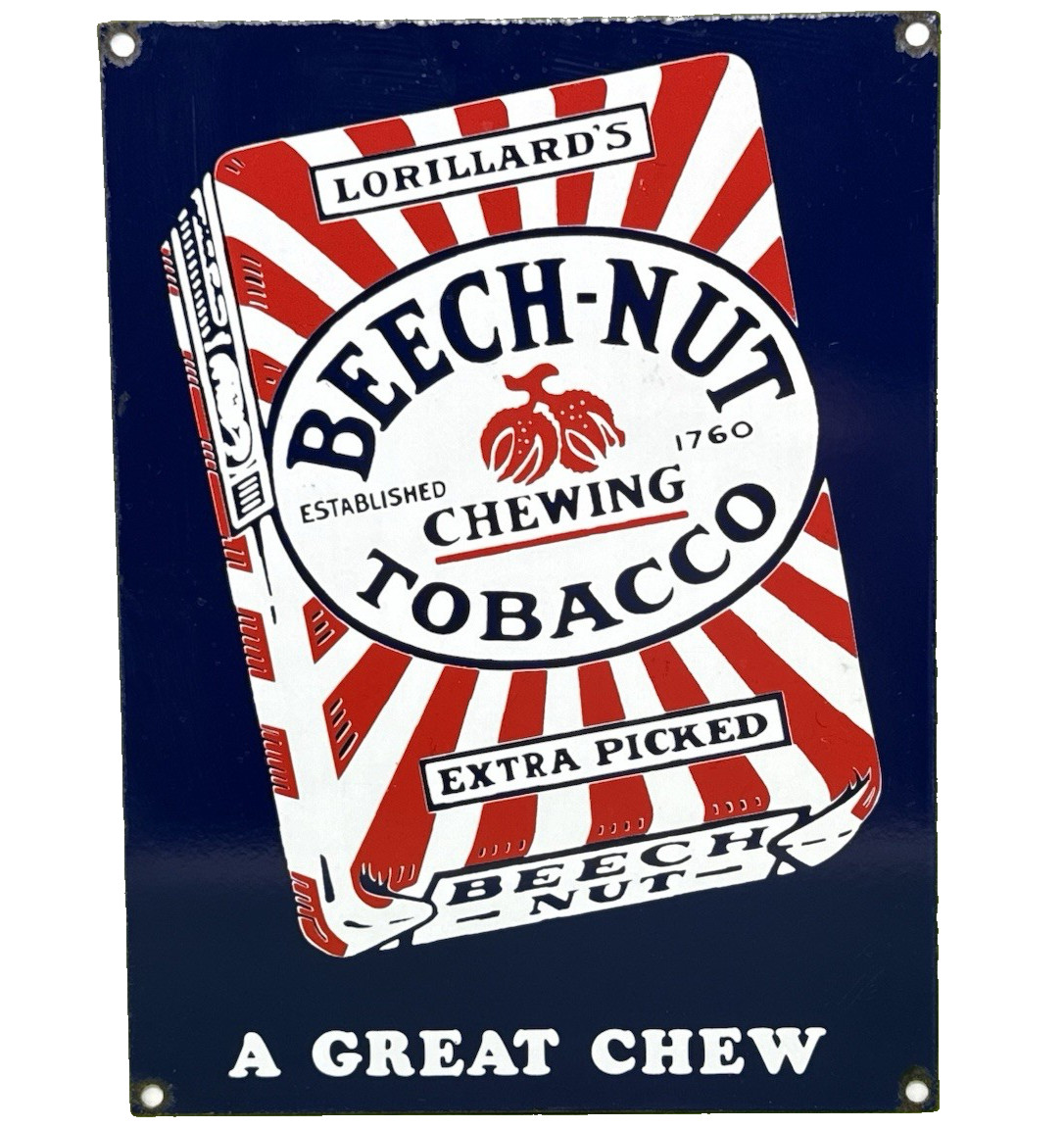 VINTAGE BEECH-NUT CHEWING TOBACCO PORCELAIN SIGN GAS SERVICE STATION RED MAN