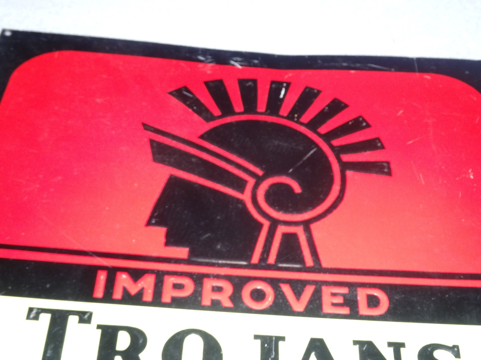 ANTIQUE ORIGINAL IMPROVED TROJANS MOTOR OIL W/ TROJAN 13.25″ METAL GASOLINE SIGN