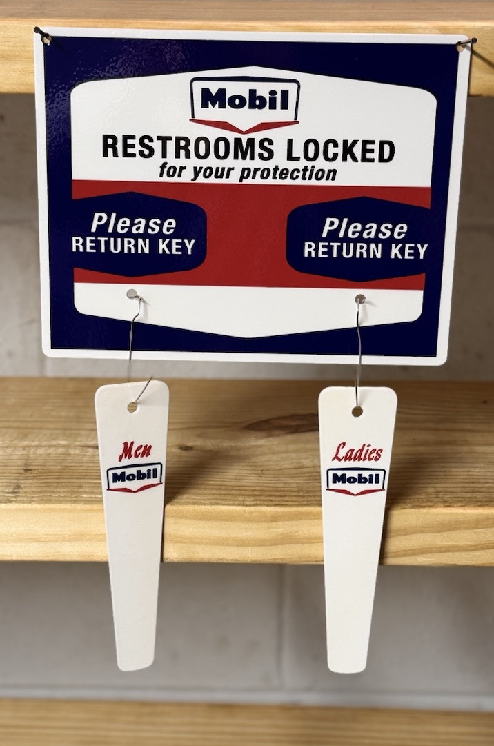 MOBIL GASOLINE RESTROOMS KEY HANGER WITH FOBS GAS OIL GARAGE STATION SIGN