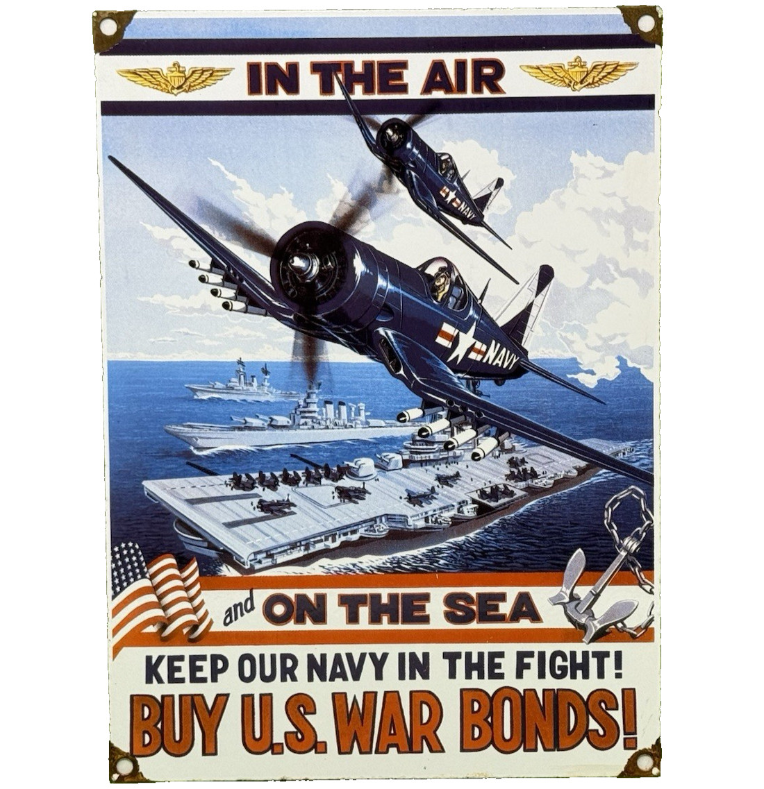 VINTAGE U.S. WAR BONDS PORCELAIN SIGN GAS OIL AVIATION NAVY AIRCRAFT CARRIER