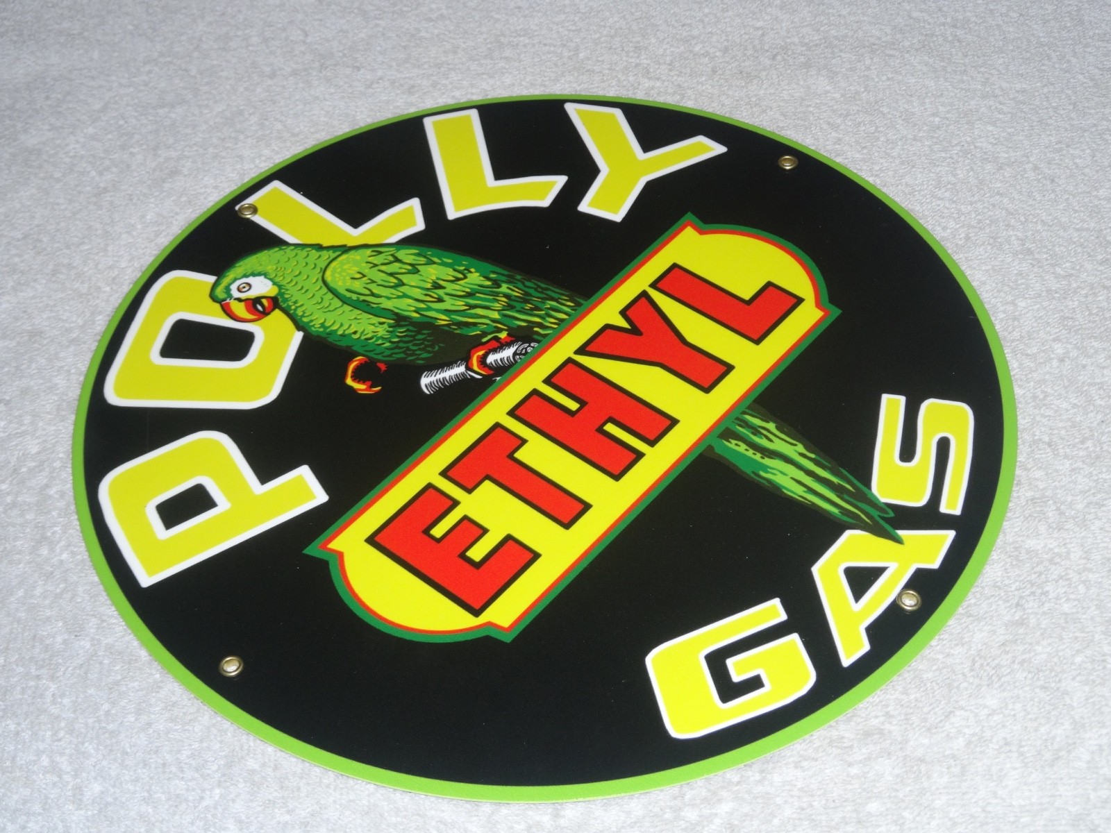 VINTAGE POLLY ETHYL GAS 🦜 PARROT BIRD OIL 11 3/4″ PORCELAIN METAL GASOLINE SIGN