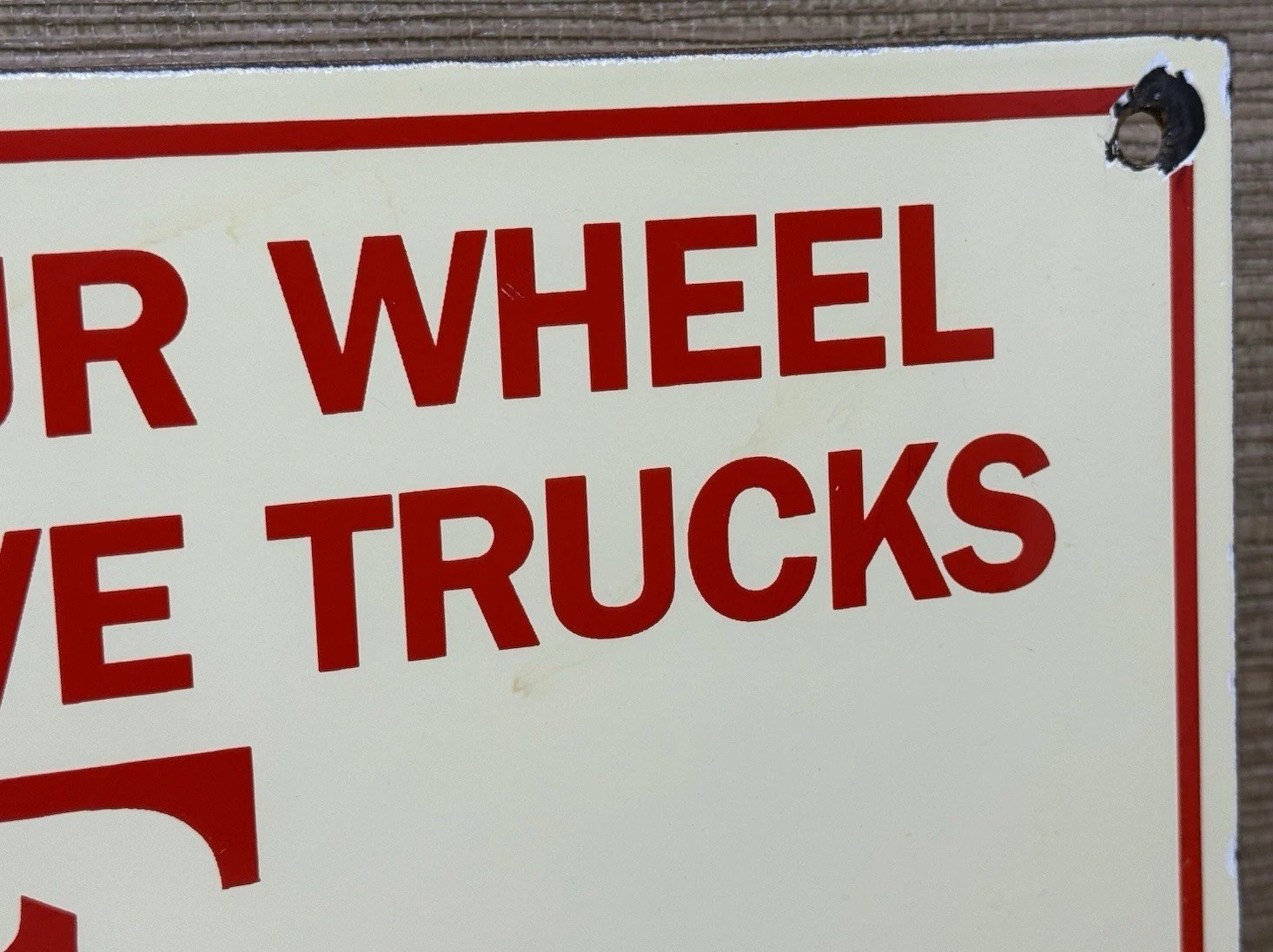 VINTAGE FOUR WHEEL DRIVE TRUCKS PORCELAIN SIGN REPAIR SHOP GAS OIL WISCONSIN