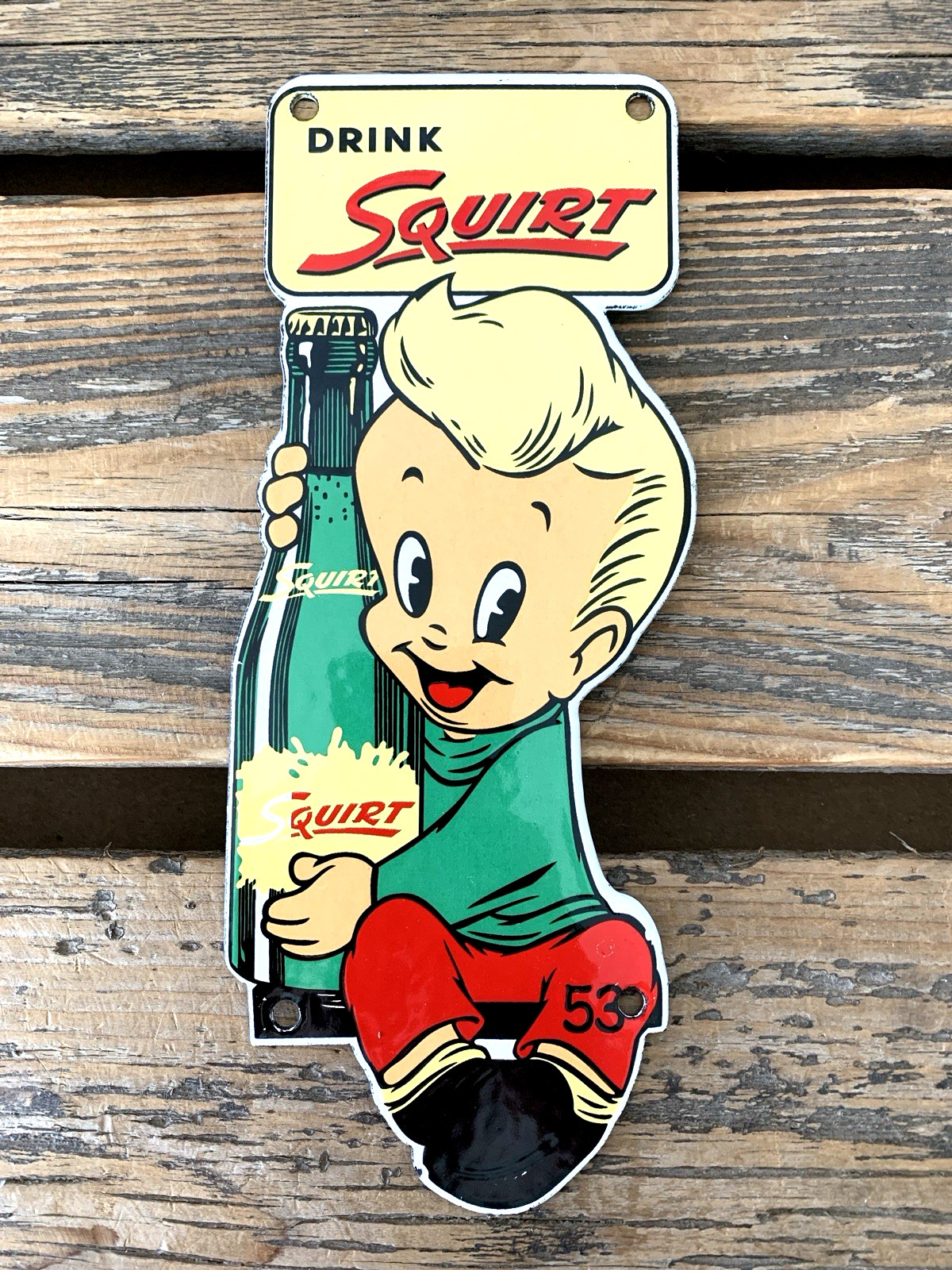 VINTAGE SQUIRT BOY with BOTTLE OIL GAS PUMP SODA POP 7UP COKE PORCELAIN SIGN