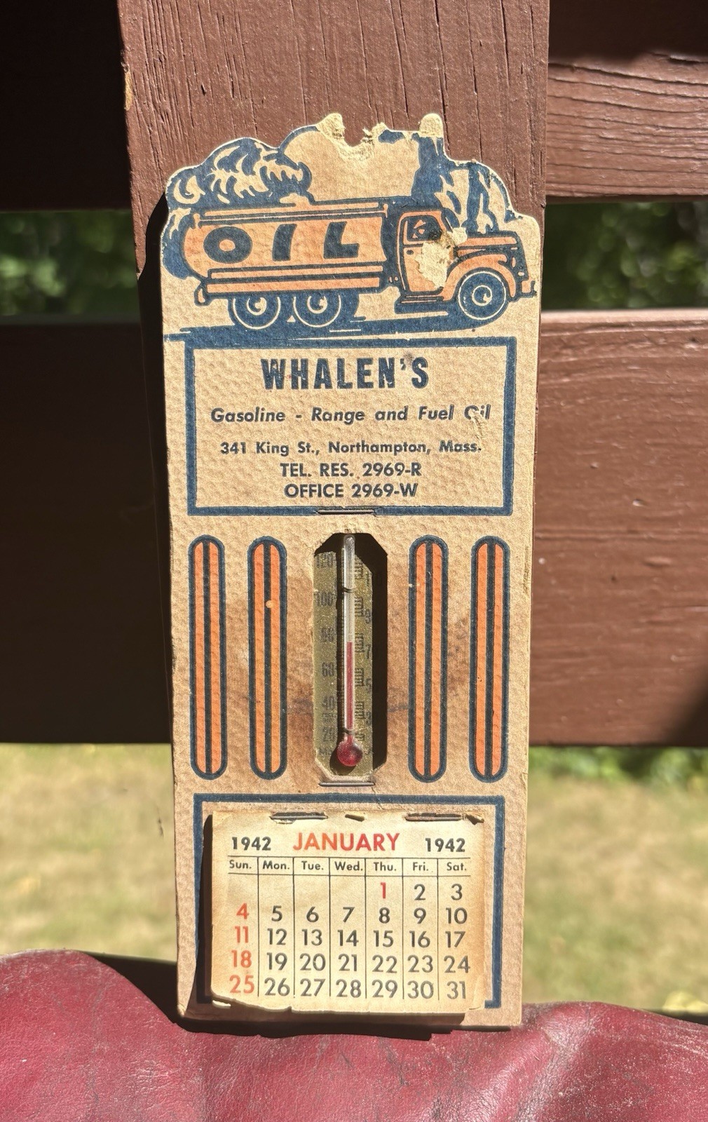 Vintage 1942 Whalens Gas & Oil Northampton Mass Ad Calendar Thermometer Sign