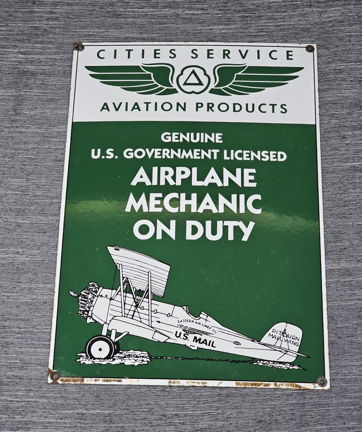 Cities Service Aviation Products Airplane Mechanic On Duty Sign Green/White