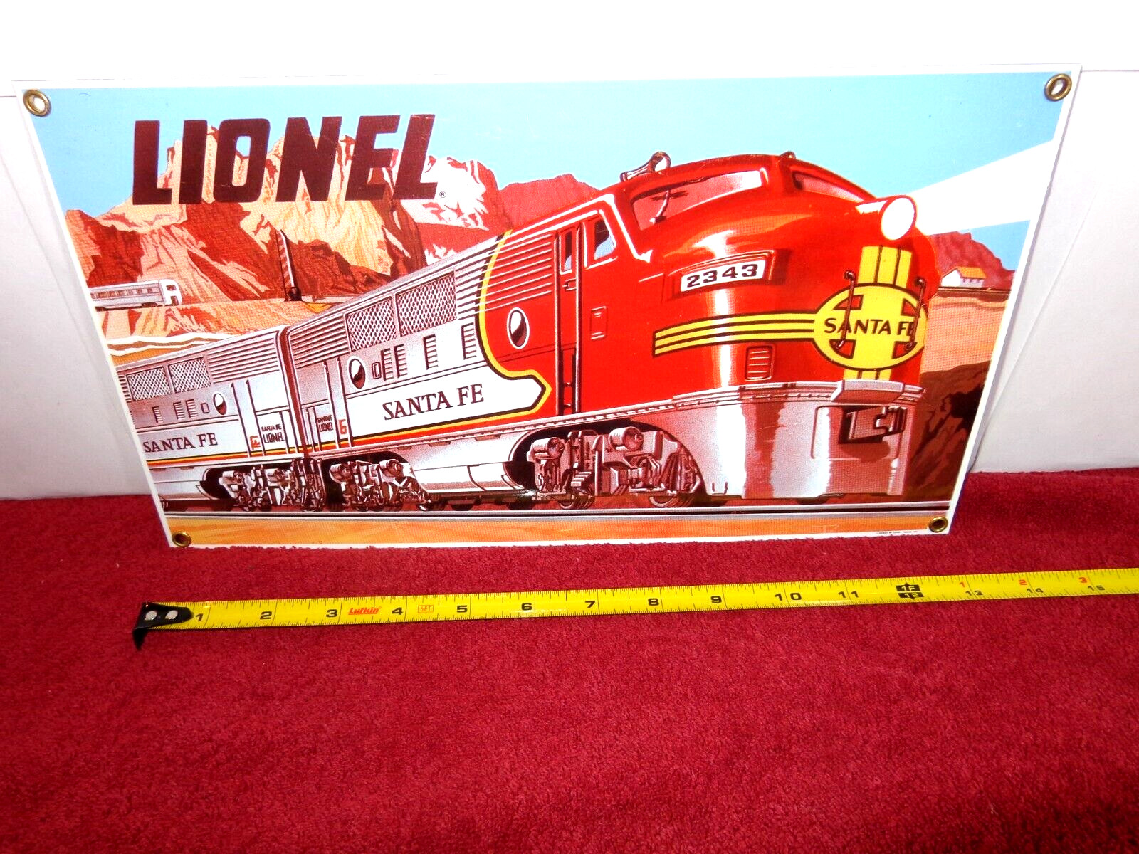 13×7 in LIONEL SANTA FE RAIL ROAD TRAIN ADV. SIGN HEAVY METAL PORCELAIN – Z 441