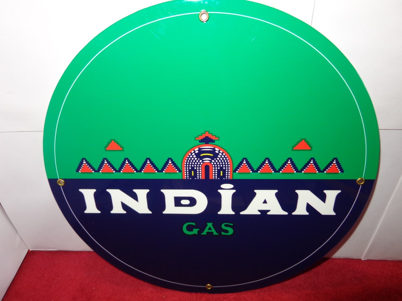 11 in INDIAN GASOLINE ADVERTISING SIGN HEAVY DIE CUT METAL UNIQUE GRAPHIC #917 B