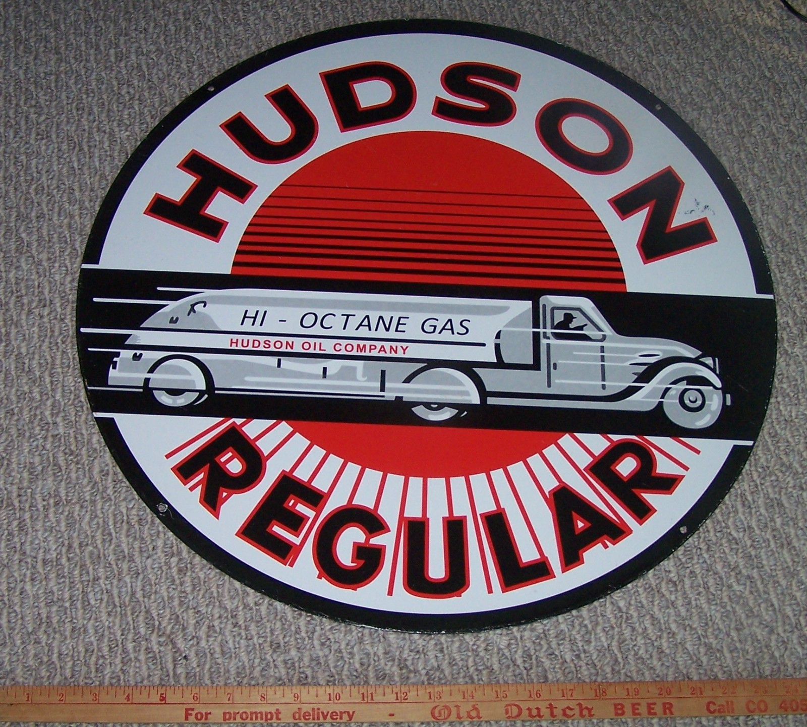 Large 24 In Diameter Hudson Regular 2 Sided Porcelain Sign Hi-Octane Gas Oil