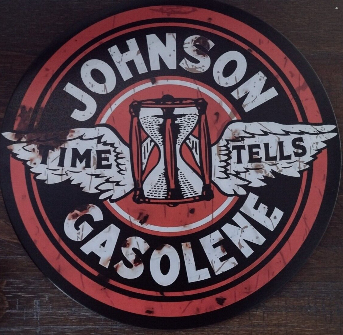 Johnson Gasolene “Time Tells” 12″ Round Rustic Look Tin Sign