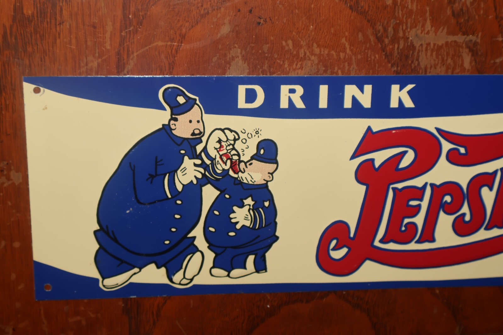 VINTAGE 22 x 4.2 in DRINK PEPSI-COLA 5 CENTS ADVERTISING EMBOSSED SIGN TIN METAL