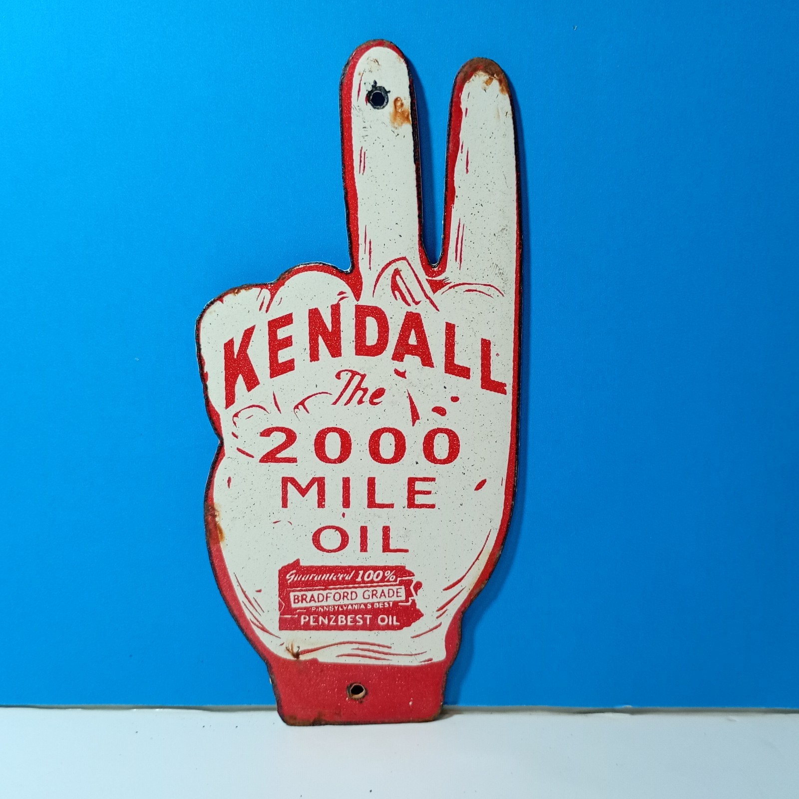 Vintage Kendall 2000 Mile Oil Porcelain Enamel Sign 6.5″ x 3″ Inches