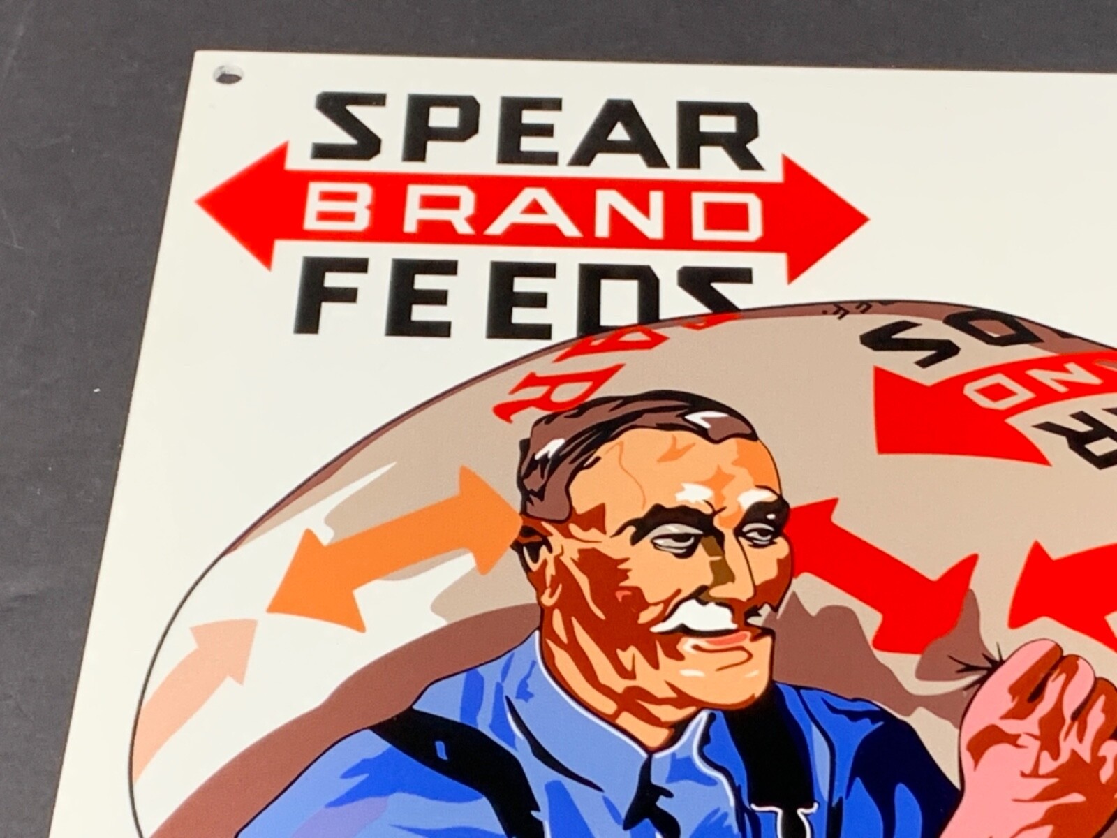 VINTAGE SPEAR BRAND FEEDS ADVERTISING 12″ METAL FLOUR SIGN FOOD BAKERY GAS OIL